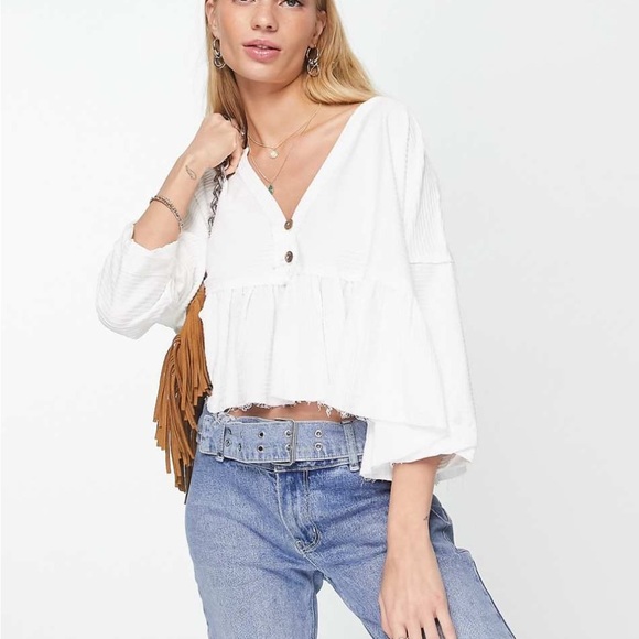 FREE PEOPLE x WE THE FREE Dallas Henley Boho Oversized White Top Size Small - Picture 3 of 8